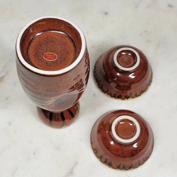 Vintage Ceramic Sake Set Brown Floral Motif Glazed Carafe Cups 3 Piece Set - Picture 12 of 16